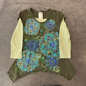Vintage Y2K Sparkle Floral Fairy Two Tone Longsleeve Green Thermal Women's XS